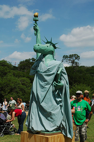 The Eeyore of Liberty, a statue which combines the Statue of Liberty with Eeyore, frequently appears near the drum circles at the Eeyore's Birthday Party annual event