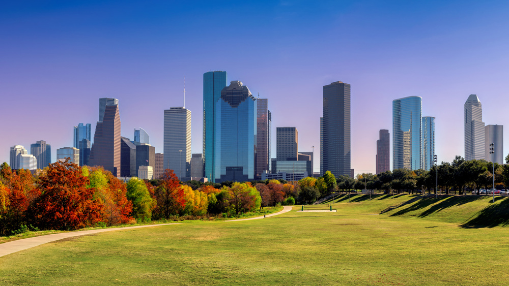 Panoramic view of Houston downtown skyline at sunset in autumn in Houston, Texas, USA