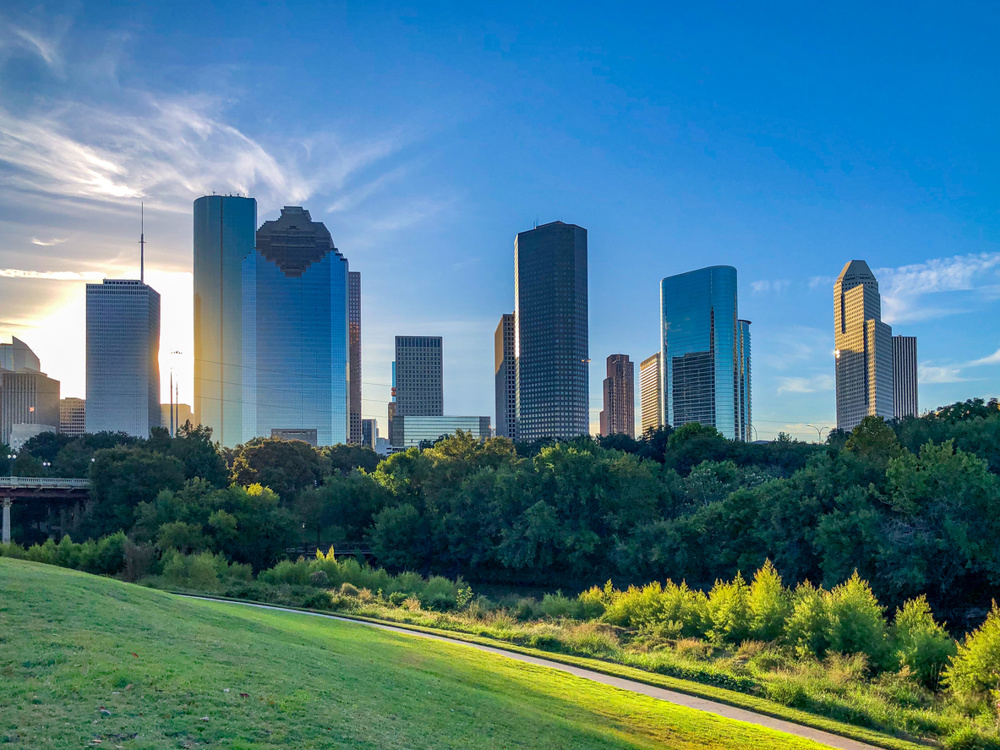 Scenic view from buffalo bayou park to skyline of Houston, Texas, USA